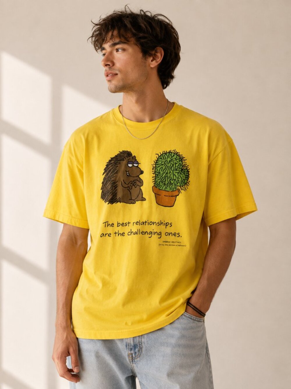 Vintage Shoebox Greetings Graphic Tee XL Yellow Y2K 90s Humor Cactus Hedgehog